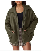 MunaWear - Bomber Jackets - Liora - Oversized Black Leather Bomber Jacket With Zipper Front For Effortless Street Style - Army Green / 2XL