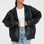 MunaWear - Bomber Jackets - Liora - Oversized Black Leather Bomber Jacket With Zipper Front For Effortless Street Style - Black / 2XL