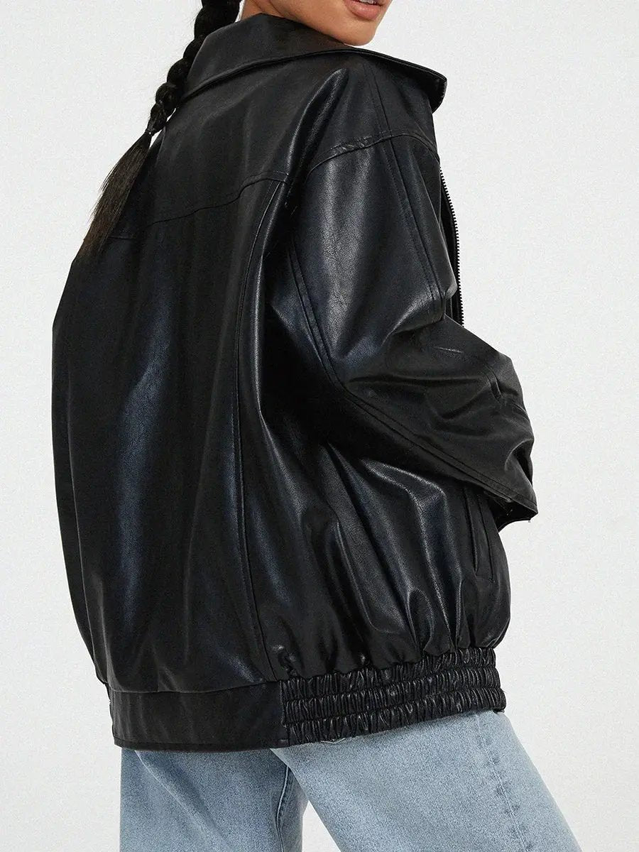 Liora - Oversized Black Leather Bomber Jacket With Zipper Front For Effortless Street Style 0