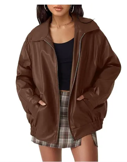 MunaWear - Bomber Jackets - Liora - Oversized Black Leather Bomber Jacket With Zipper Front For Effortless Street Style - Brown / 2XL