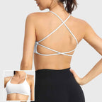 MunaWear  Bras  Lila – Elegant White Sports Bra with Seamless Padded Support and Stylish Crossed Straps 