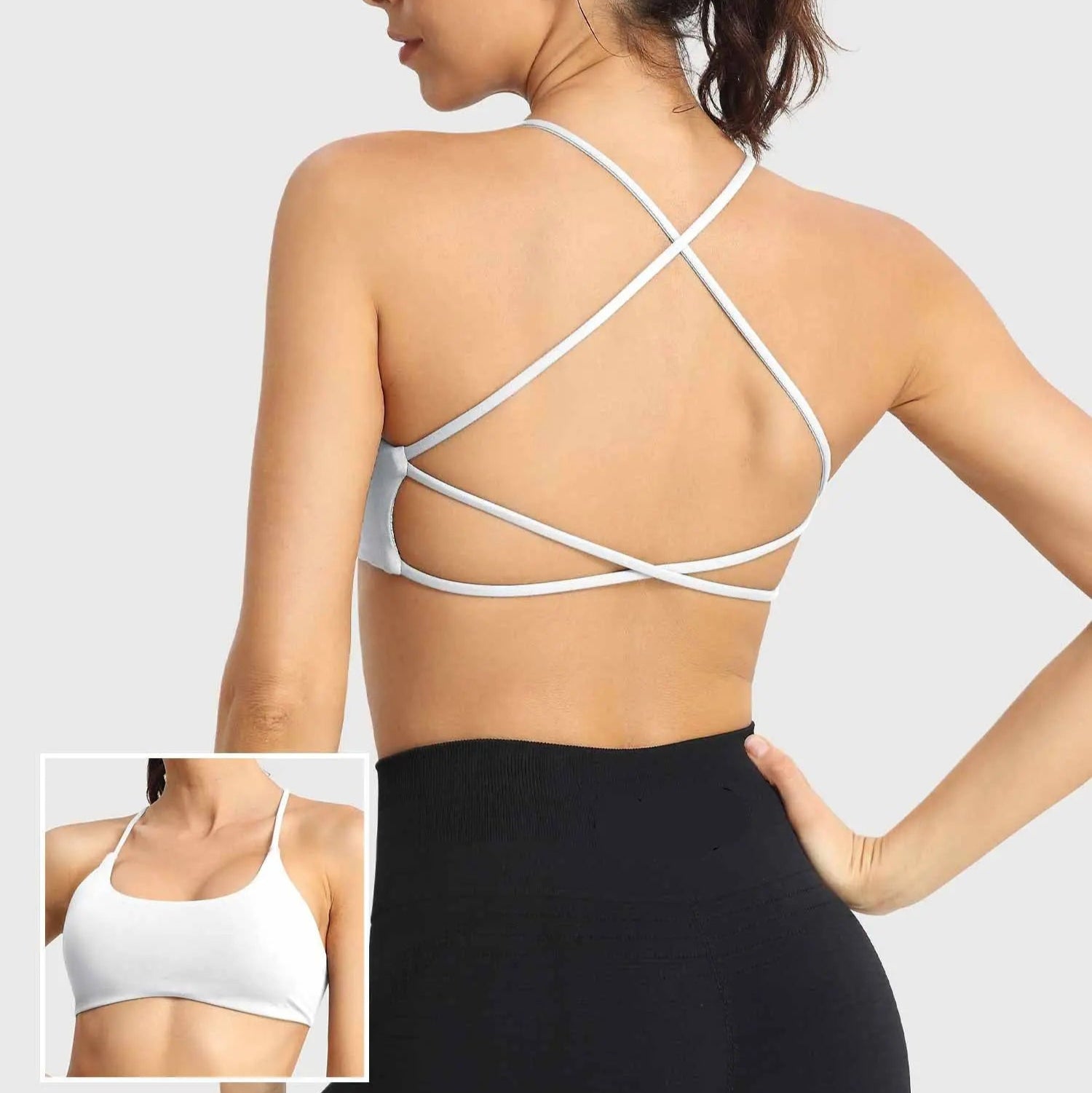 MunaWear  Bras  Lila – Elegant White Sports Bra with Seamless Padded Support and Stylish Crossed Straps 