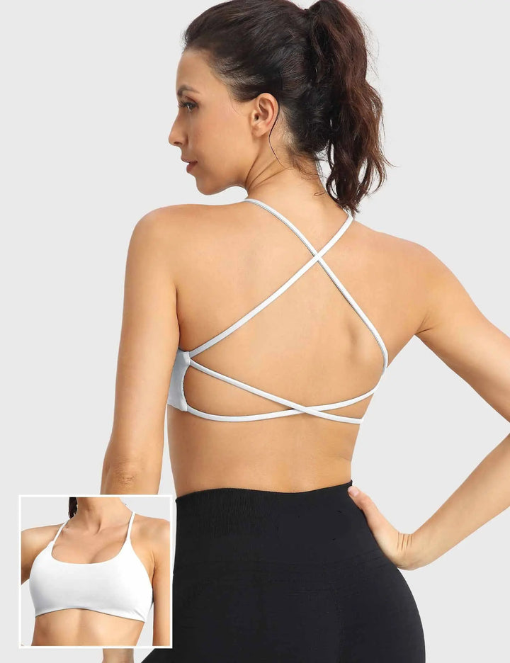 MunaWear  Bras  Lila – Elegant White Sports Bra with Seamless Padded Support and Stylish Crossed Straps 