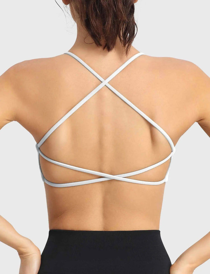 MunaWear  Bras  Lila – Elegant White Sports Bra with Seamless Padded Support and Stylish Crossed Straps 