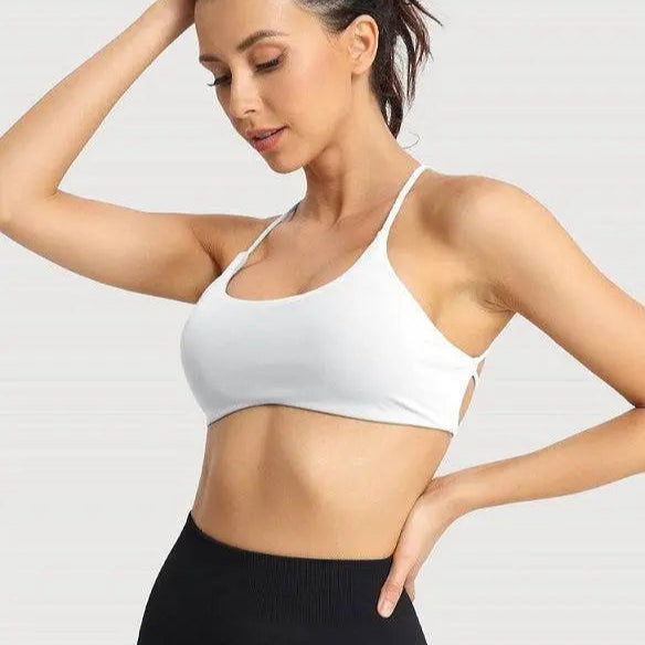 MunaWear  Bras  Lila – Elegant White Sports Bra with Seamless Padded Support and Stylish Crossed Straps 