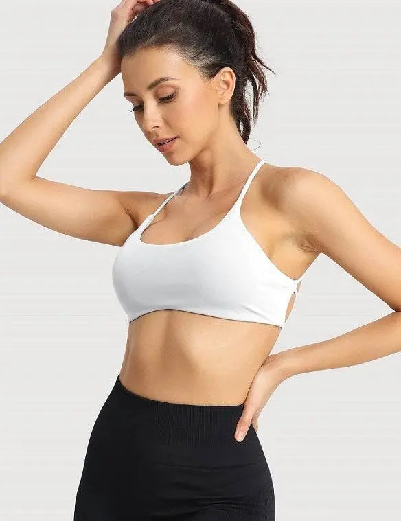 MunaWear  Bras  Lila – Elegant White Sports Bra with Seamless Padded Support and Stylish Crossed Straps 