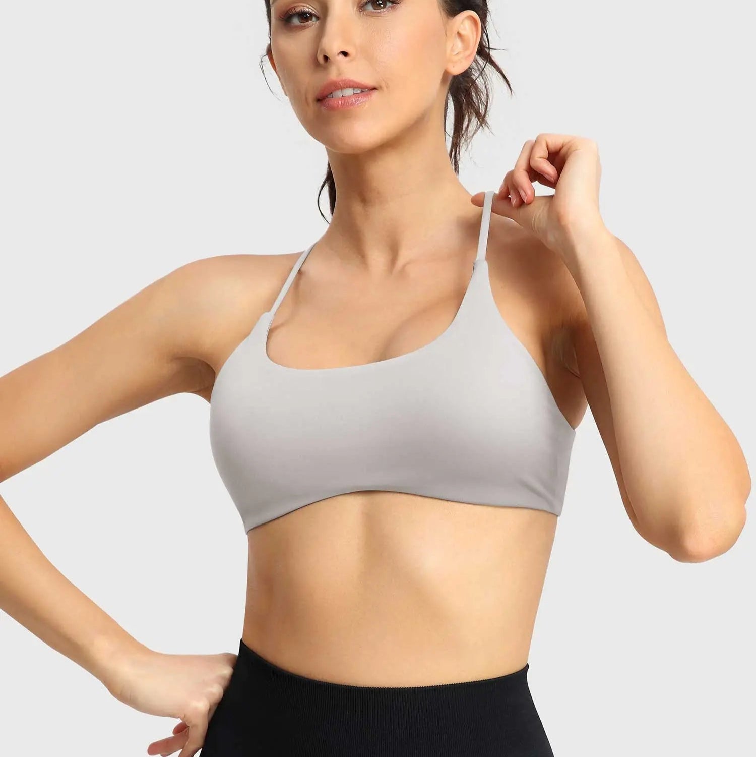 MunaWear  Bras  Lila – Elegant White Sports Bra with Seamless Padded Support and Stylish Crossed Straps  Gray-L