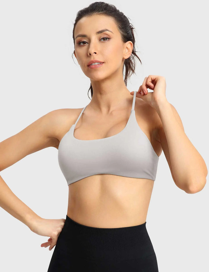 MunaWear  Bras  Lila – Elegant White Sports Bra with Seamless Padded Support and Stylish Crossed Straps  Gray-L