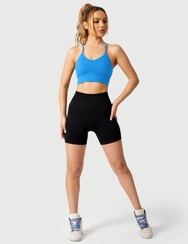 MunaWear  Bras  Luna – High Support Seamless Sports Bra with Crossed Back Straps and Removable Pads for Ultimate Comfort  Blue-XL