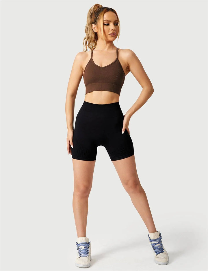 MunaWear  Bras  Luna – High Support Seamless Sports Bra with Crossed Back Straps and Removable Pads for Ultimate Comfort  Brown-XL