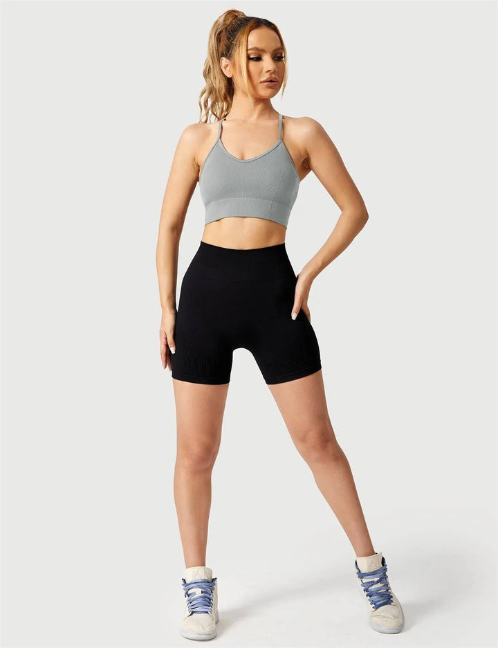MunaWear  Bras  Luna – High Support Seamless Sports Bra with Crossed Back Straps and Removable Pads for Ultimate Comfort  Gray-XL