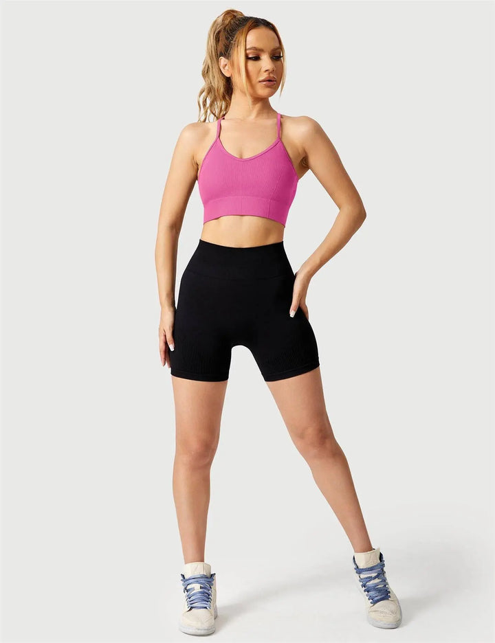 MunaWear  Bras  Luna – High Support Seamless Sports Bra with Crossed Back Straps and Removable Pads for Ultimate Comfort  Pink-XL
