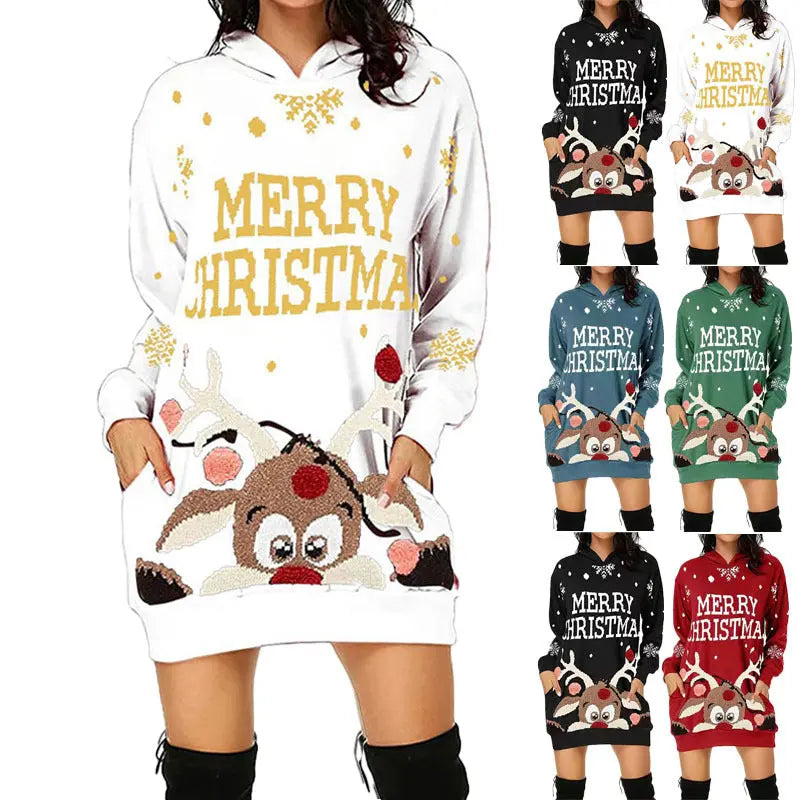 MunaWear - Casual Dresses - Cozy Hooded Christmas Dress With Reindeer Motif – Perfect for Festive Celebrations - 