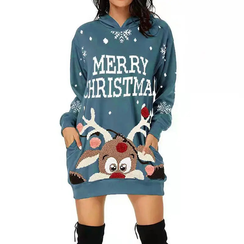 MunaWear - Casual Dresses - Cozy Hooded Christmas Dress With Reindeer Motif – Perfect for Festive Celebrations - Blue / XXXL