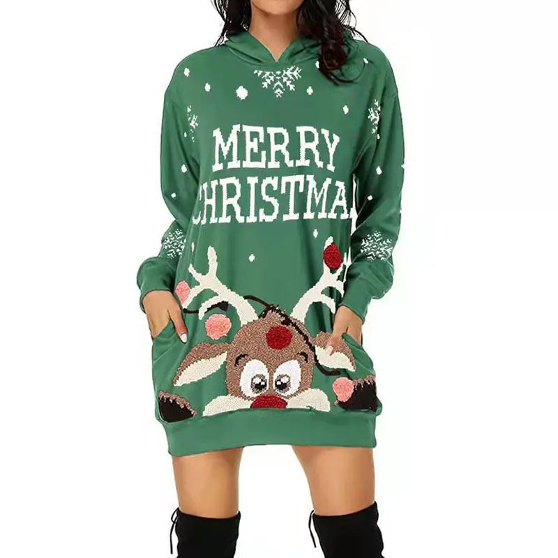 MunaWear - Casual Dresses - Cozy Hooded Christmas Dress With Reindeer Motif – Perfect for Festive Celebrations - Green / XXXL