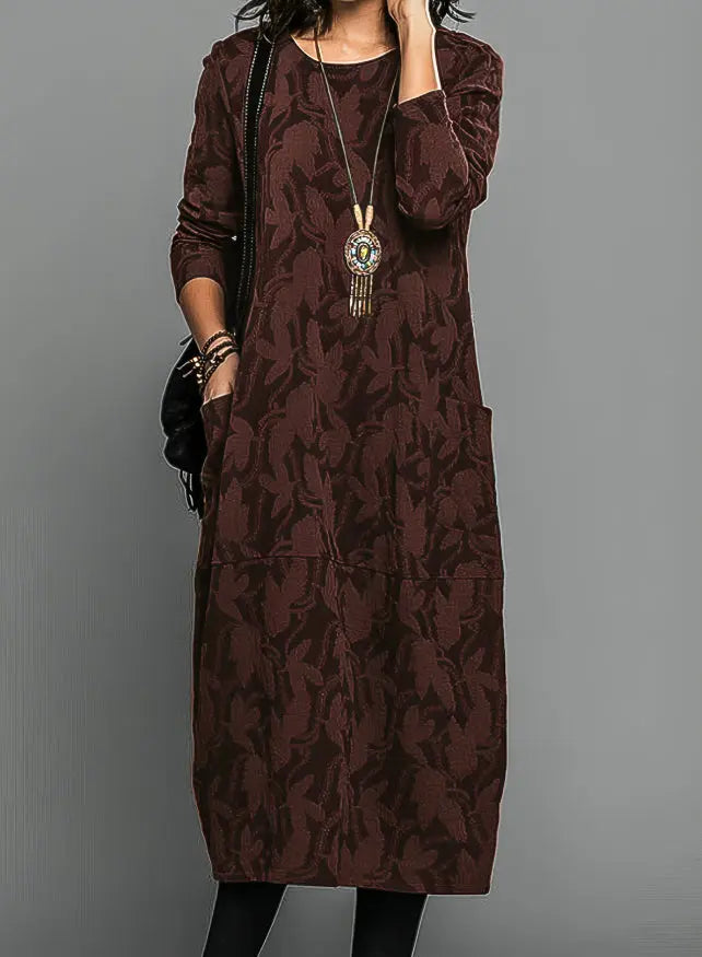 MunaWear - Casual Dresses - Liora - Elegant Winter Dress With Impressive Patterns For Winter Weddings And Casual Outings - Burgundy / 3XL