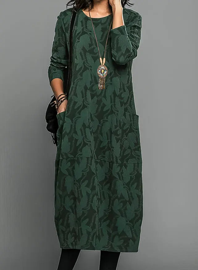 MunaWear - Casual Dresses - Liora - Elegant Winter Dress With Impressive Patterns For Winter Weddings And Casual Outings - Green / 3XL