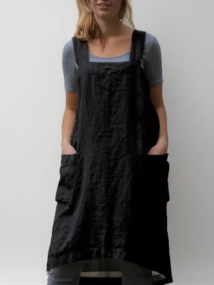 MunaWear - Casual Dresses - Liora - Stylish Cotton Apron Dress With Pockets For Cooking And Crafts - Black / 2XL