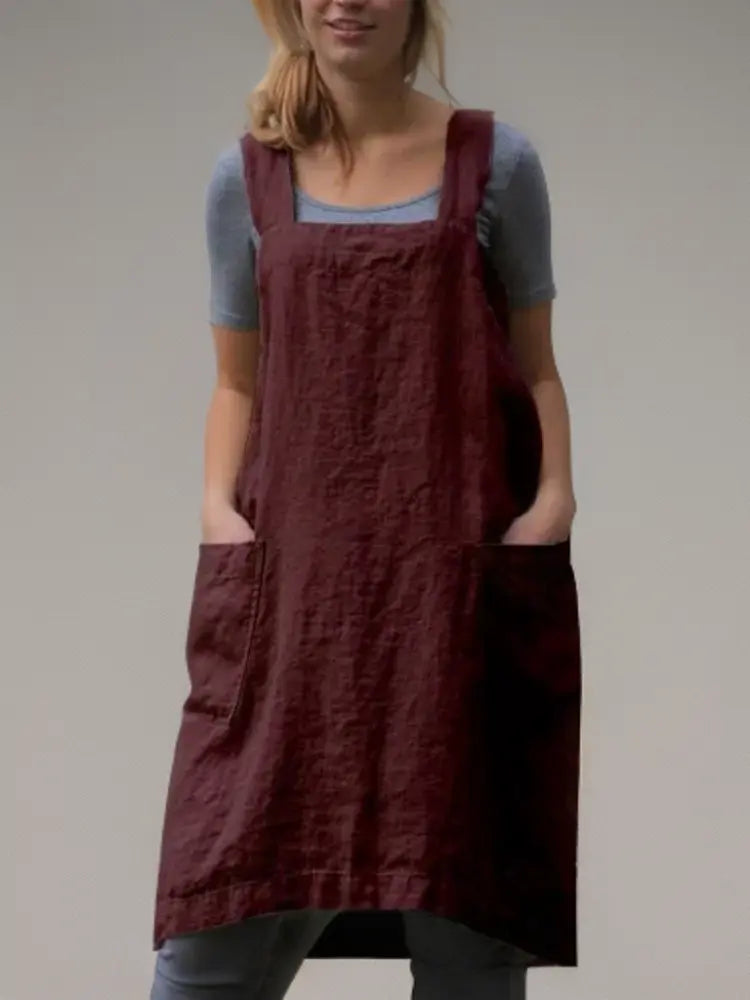 MunaWear - Casual Dresses - Liora - Stylish Cotton Apron Dress With Pockets For Cooking And Crafts - Burgundy / 2XL