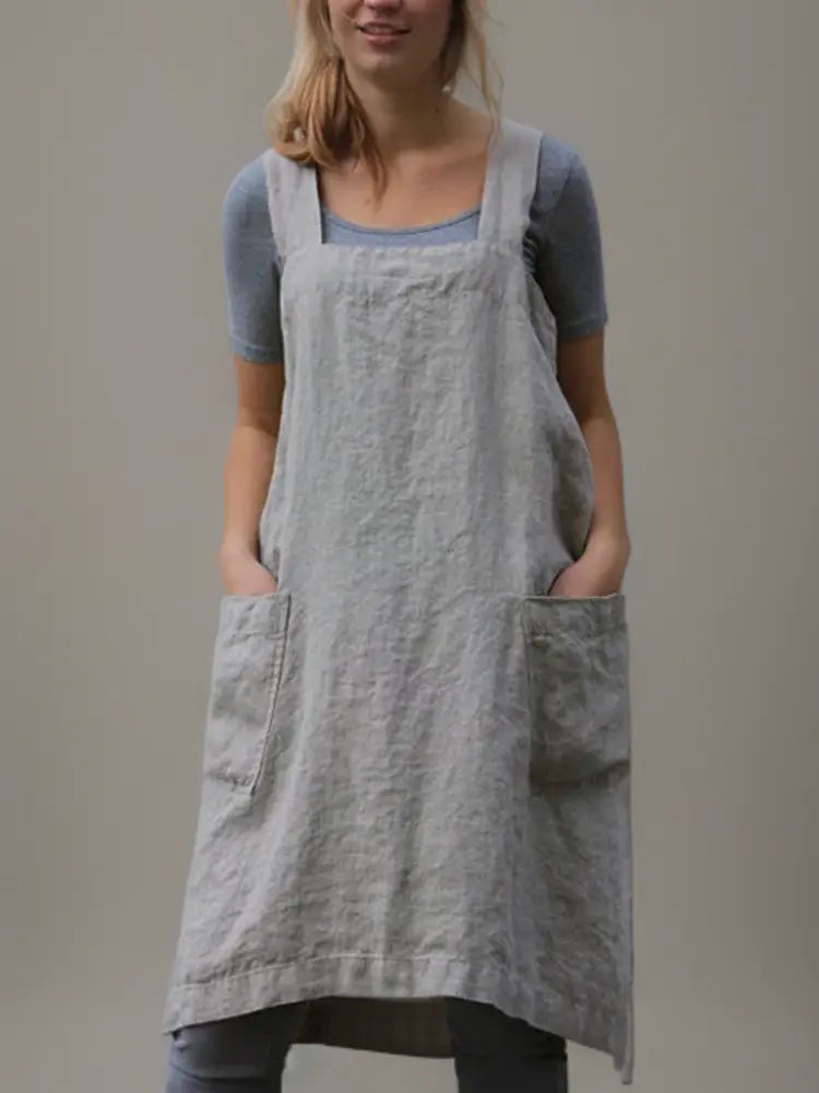 MunaWear - Casual Dresses - Liora - Stylish Cotton Apron Dress With Pockets For Cooking And Crafts - Gray / 2XL