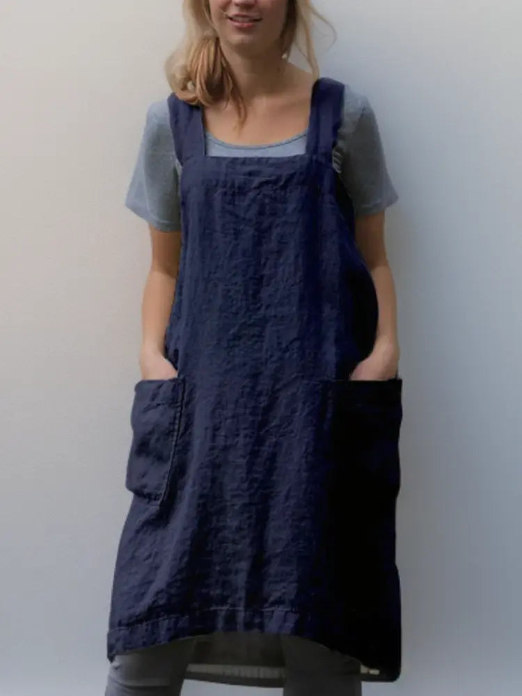 MunaWear - Casual Dresses - Liora - Stylish Cotton Apron Dress With Pockets For Cooking And Crafts - Navy Blue / 2XL