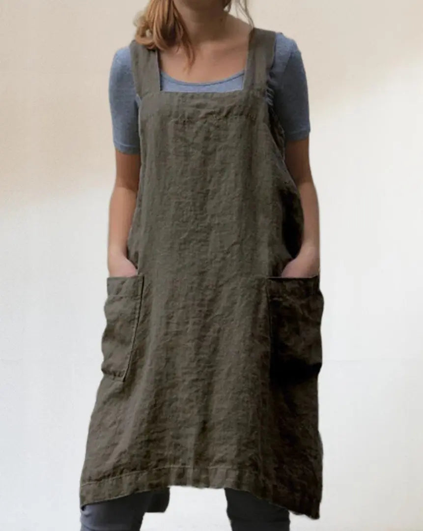 MunaWear - Casual Dresses - Liora - Stylish Cotton Apron Dress With Pockets For Cooking And Crafts - Olive / 2XL