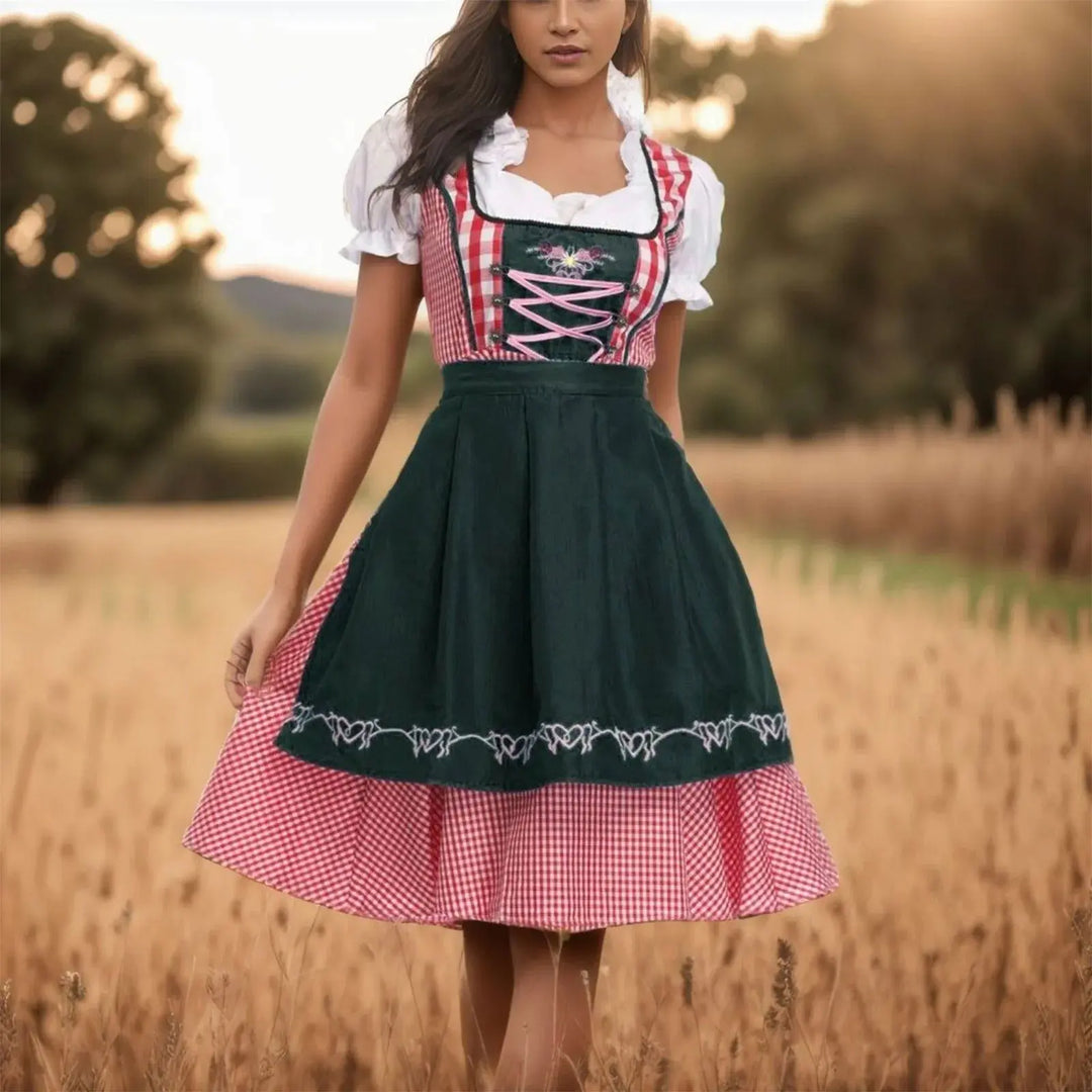 Oktoberfest Dirndl Dress – Elegant Diamond Pattern with Short Sleeves – Perfect for Beer Festivals 0