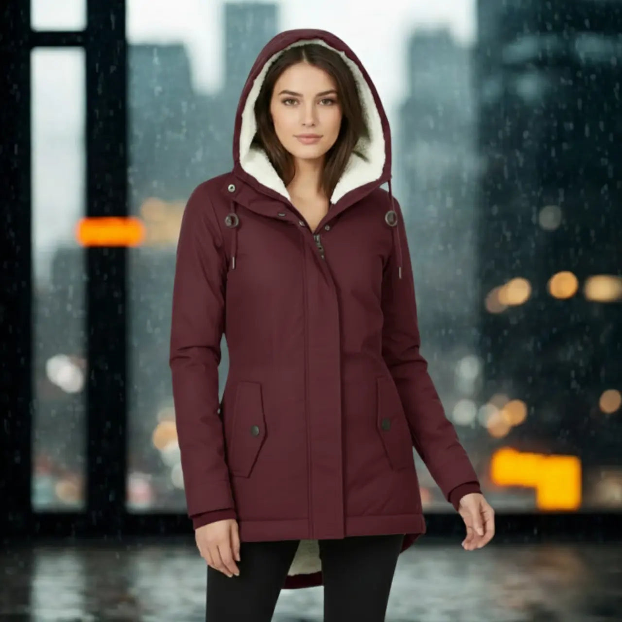MunaWear - Coats - Avenne – Stylish Women's Rain Jacket With Warming Lining For Cold Weather - Dark Red