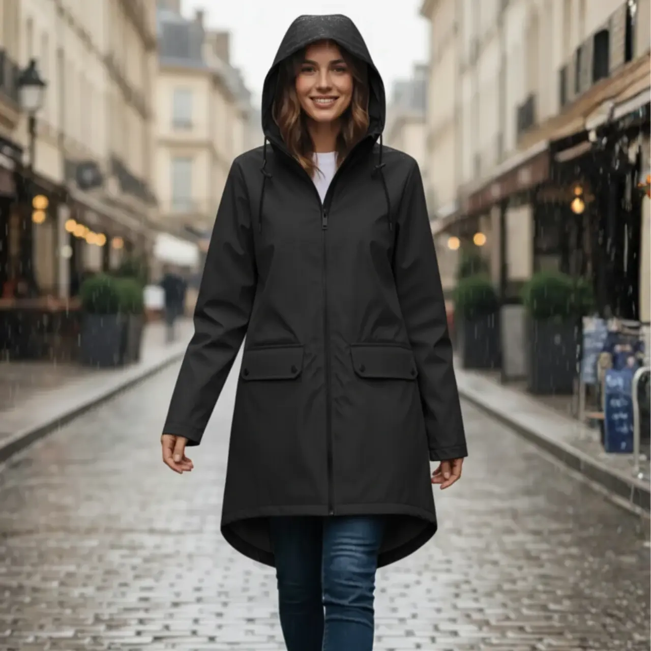 MunaWear - Coats - Francine – Stylish Women's Rain Jacket With Hood For All-Weather Protection - Black / 3XL