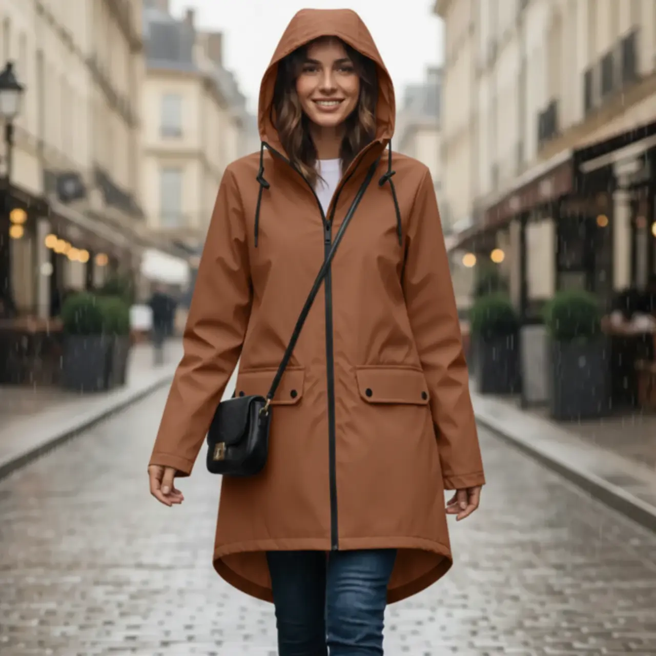 MunaWear - Coats - Francine – Stylish Women's Rain Jacket With Hood For All-Weather Protection - Brown / 3XL