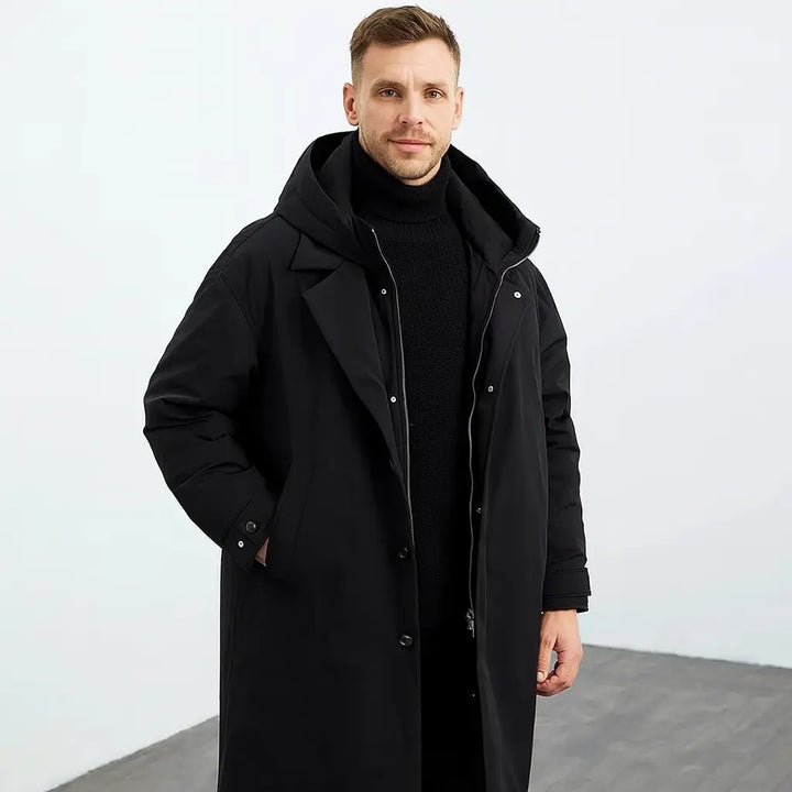 MunaWear - Coats & Jackets - Caden – Long Waterproof Puffer Trench Coat For Men With Hood For Cold Weather Protection - Black / 4XL