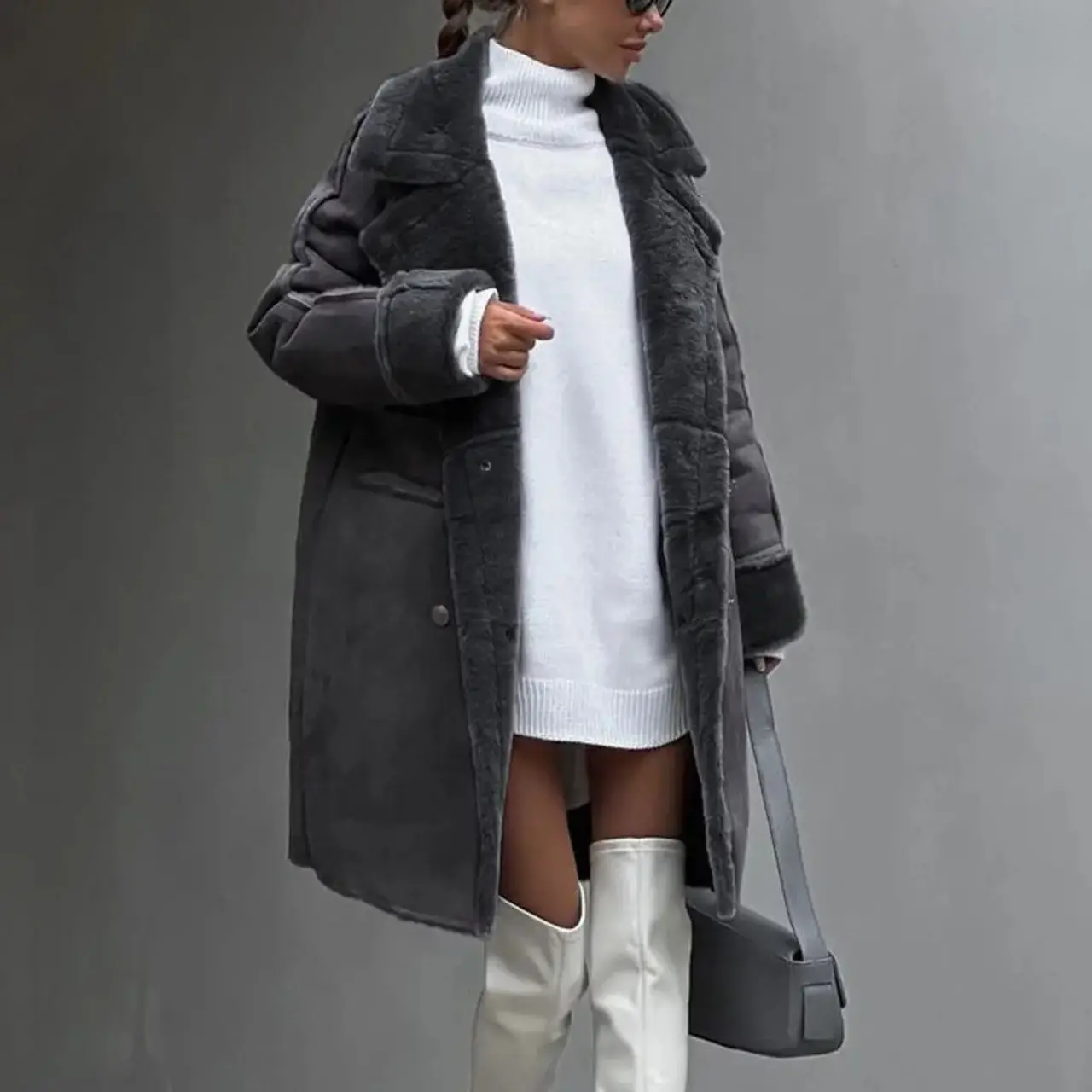 MunaWear - Coats & Jackets - Merai – Oversized Women’s Teddy Coat With Cozy Texture For Winter Elegance - Gray