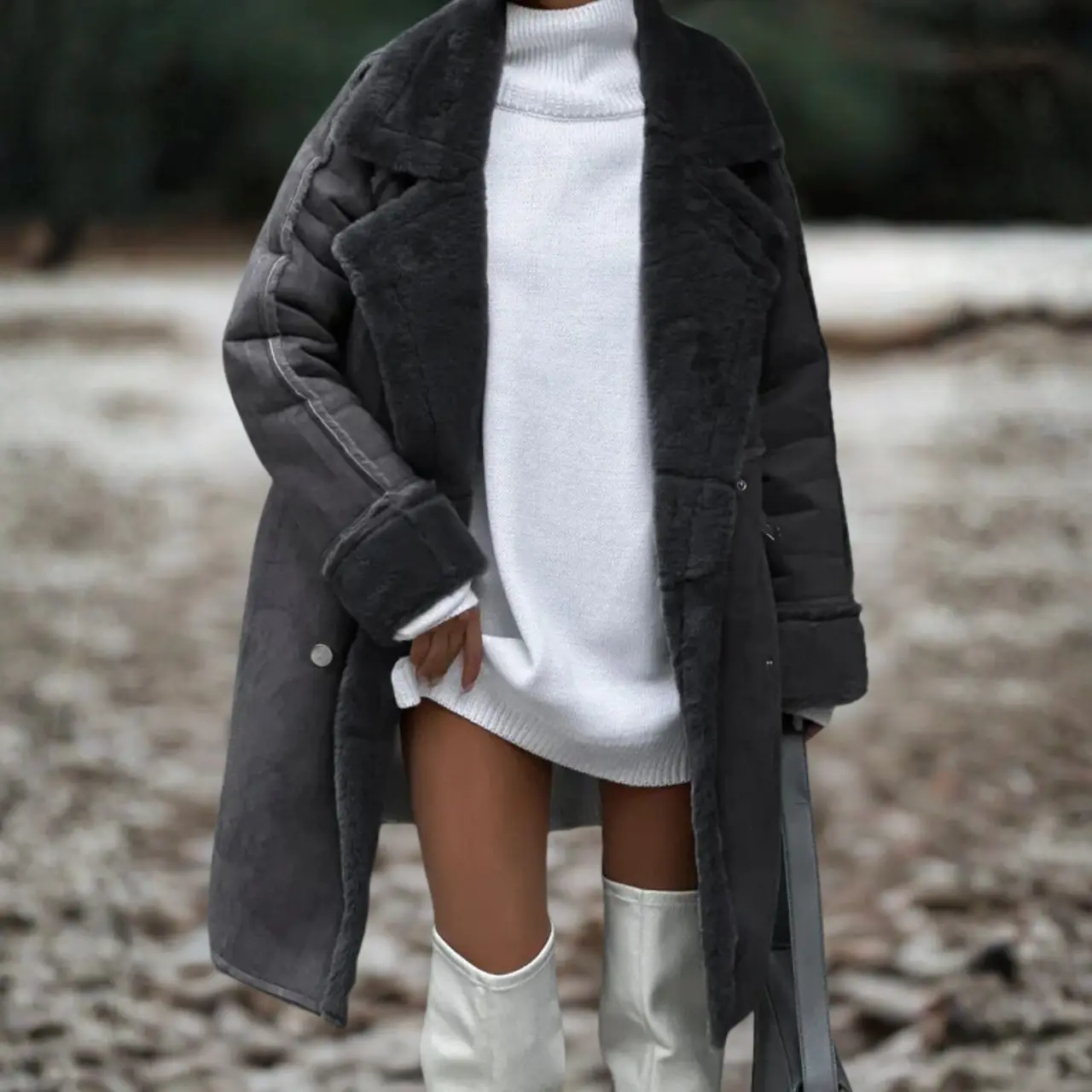 MunaWear - Coats & Jackets - Merai – Oversized Women’s Teddy Coat With Cozy Texture For Winter Elegance - Gray