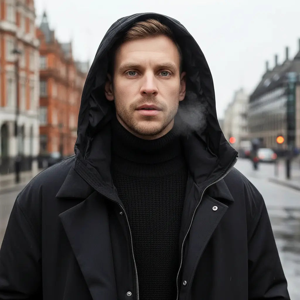 MunaWear - Coats & Jackets - Troy – Long Waterproof Puffer Trench Coat For Men With Hood For Cold Weather Protection - 