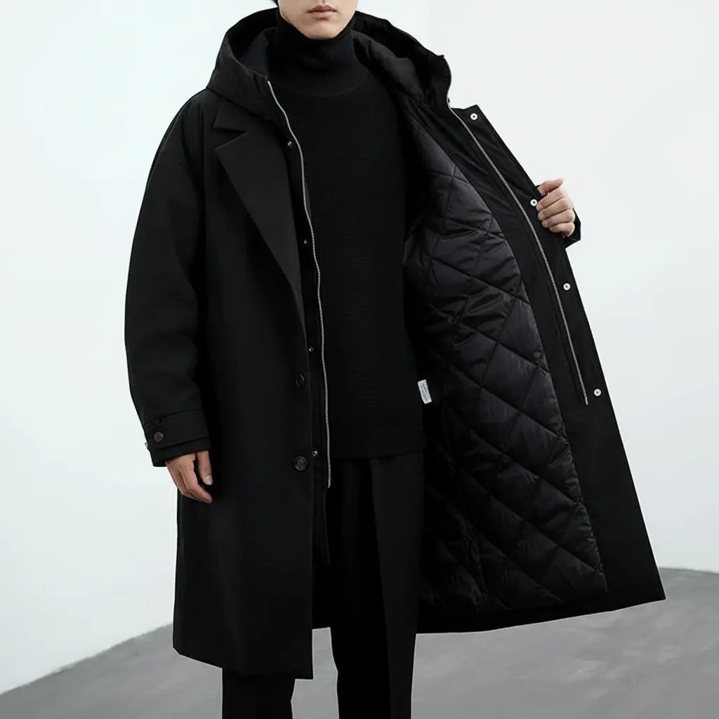 MunaWear - Coats & Jackets - Troy – Long Waterproof Puffer Trench Coat For Men With Hood For Cold Weather Protection - 