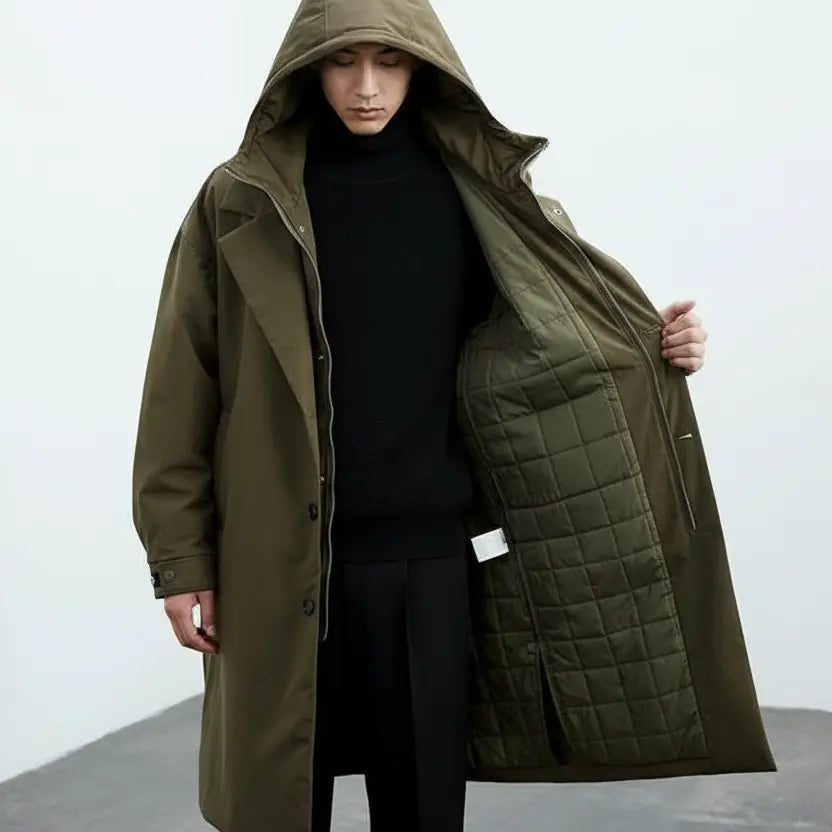 MunaWear - Coats & Jackets - Troy – Long Waterproof Puffer Trench Coat For Men With Hood For Cold Weather Protection - 