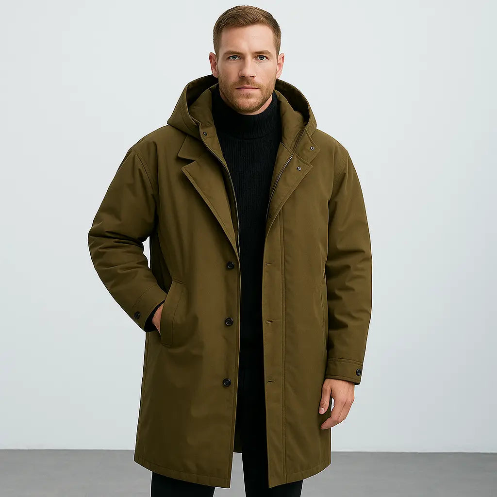 Troy – Long Waterproof Puffer Trench Coat For Men With Hood For Cold Weather Protection- Army Green
