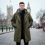 MunaWear - Coats & Jackets - Troy – Long Waterproof Puffer Trench Coat For Men With Hood For Cold Weather Protection - Army Green / 4XL