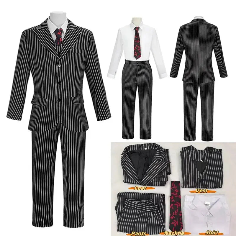Halloween Gomez Addams Costume – Striped Blazer, Pants, Vest & Tie Set for Men – Perfect for Spooky Parties 0