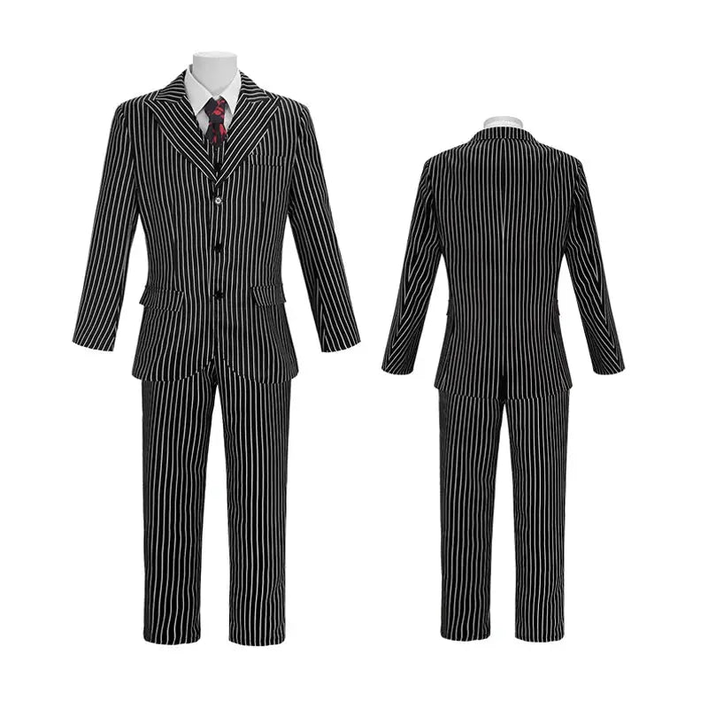 Halloween Gomez Addams Costume – Striped Blazer, Pants, Vest & Tie Set for Men – Perfect for Spooky Parties 1