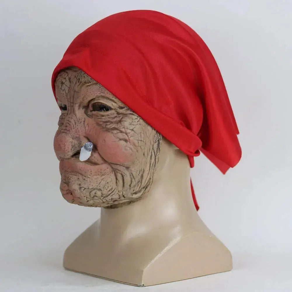 Funny Halloween Granny Mask – Realistic Latex Costume Prop with Wrinkled Face & Red Scarf – Perfect for Parties 0