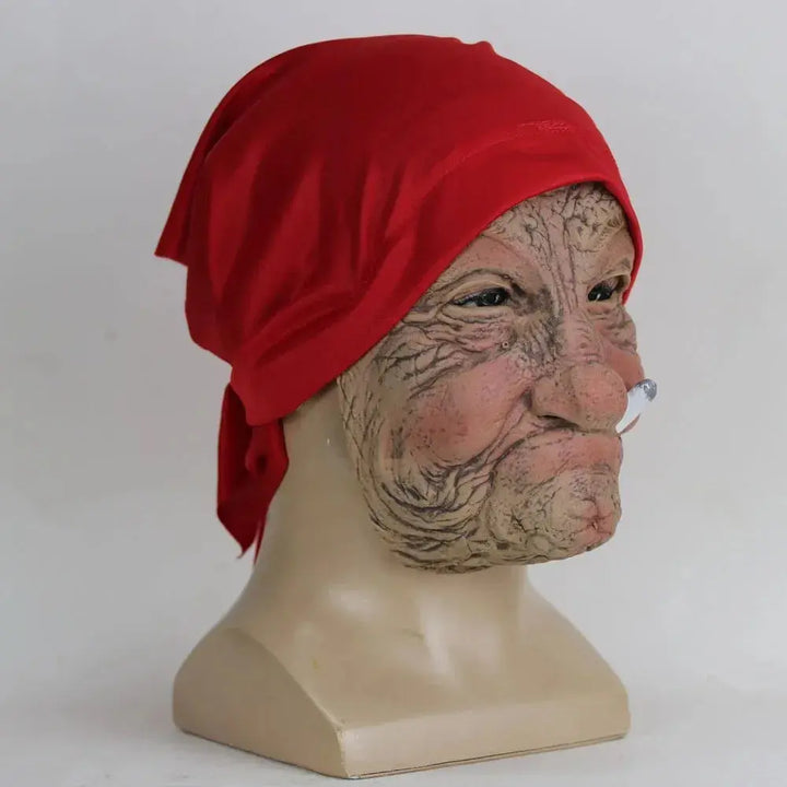 Funny Halloween Granny Mask – Realistic Latex Costume Prop with Wrinkled Face & Red Scarf – Perfect for Parties 1