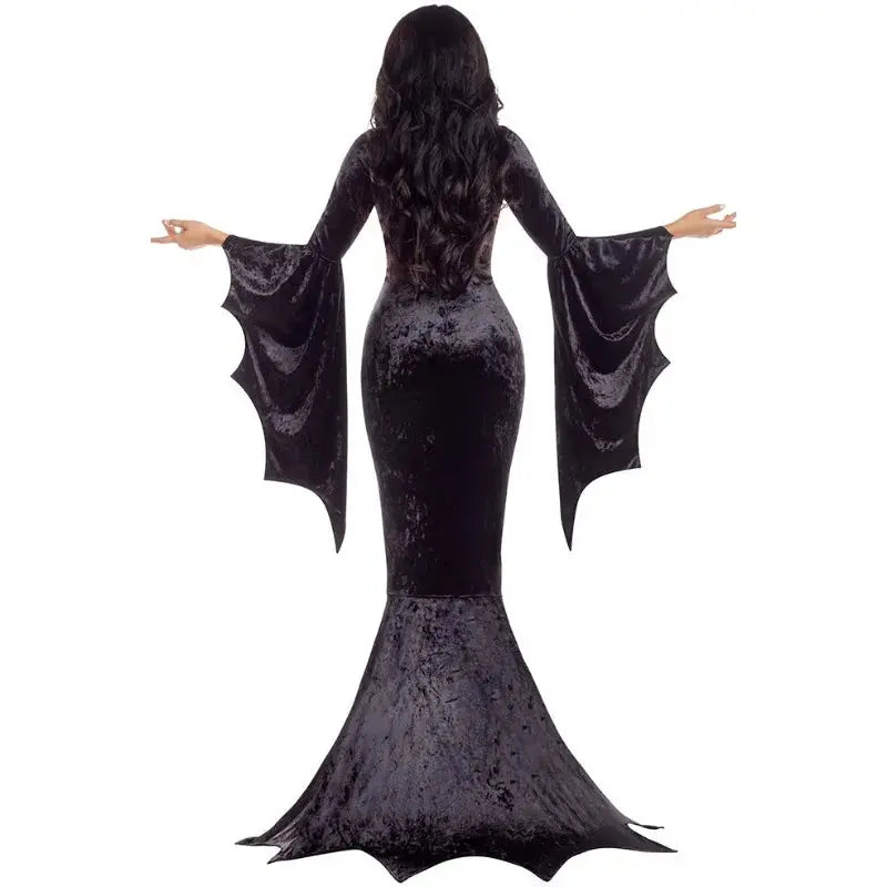 Halloween Morticia Addams Costume – Elegant Gothic Long Train Dress for Women – Perfect for Halloween Parties 1