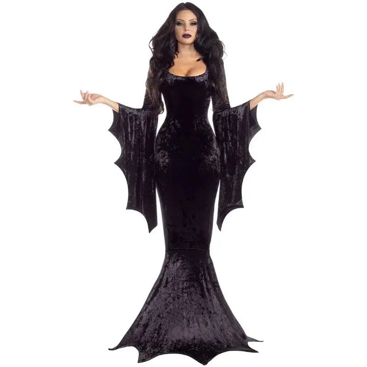 Halloween Morticia Addams Costume – Elegant Gothic Long Train Dress for Women – Perfect for Halloween Parties 0