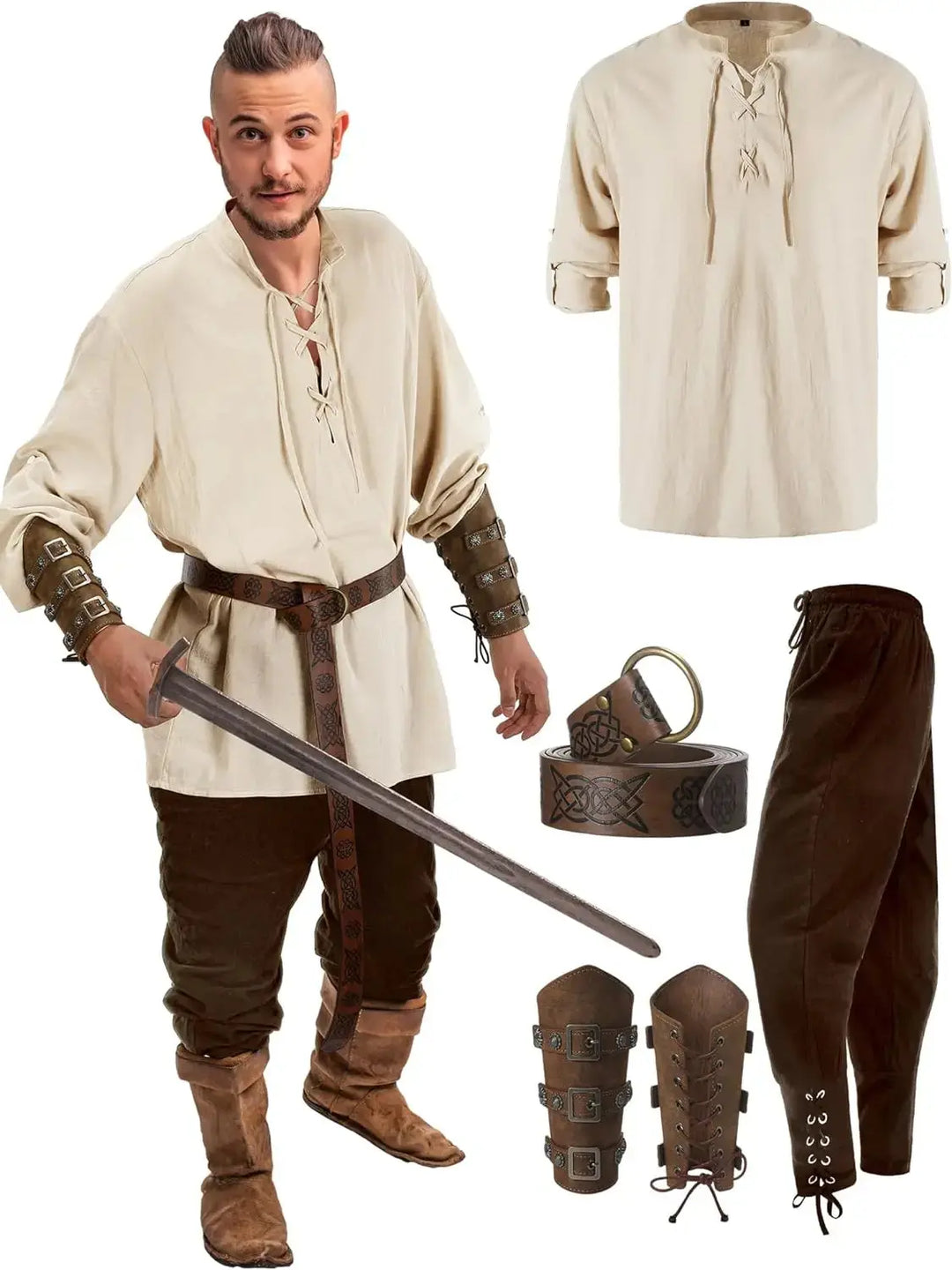 Halloween Pirate Costume Men – 4-Piece Renaissance Outfit with Ankle Banded Pants & Accessories – Perfect for Halloween Parties 0