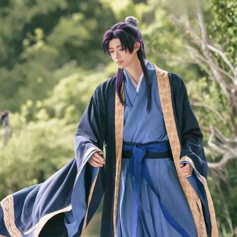 MunaWear - Costumes & Cosplay - Halloween Jinshi Cosplay Costume – Men’s Anime Kimono Robe Suit with Headwear – Perfect for Comic Con - Blue / XXXL