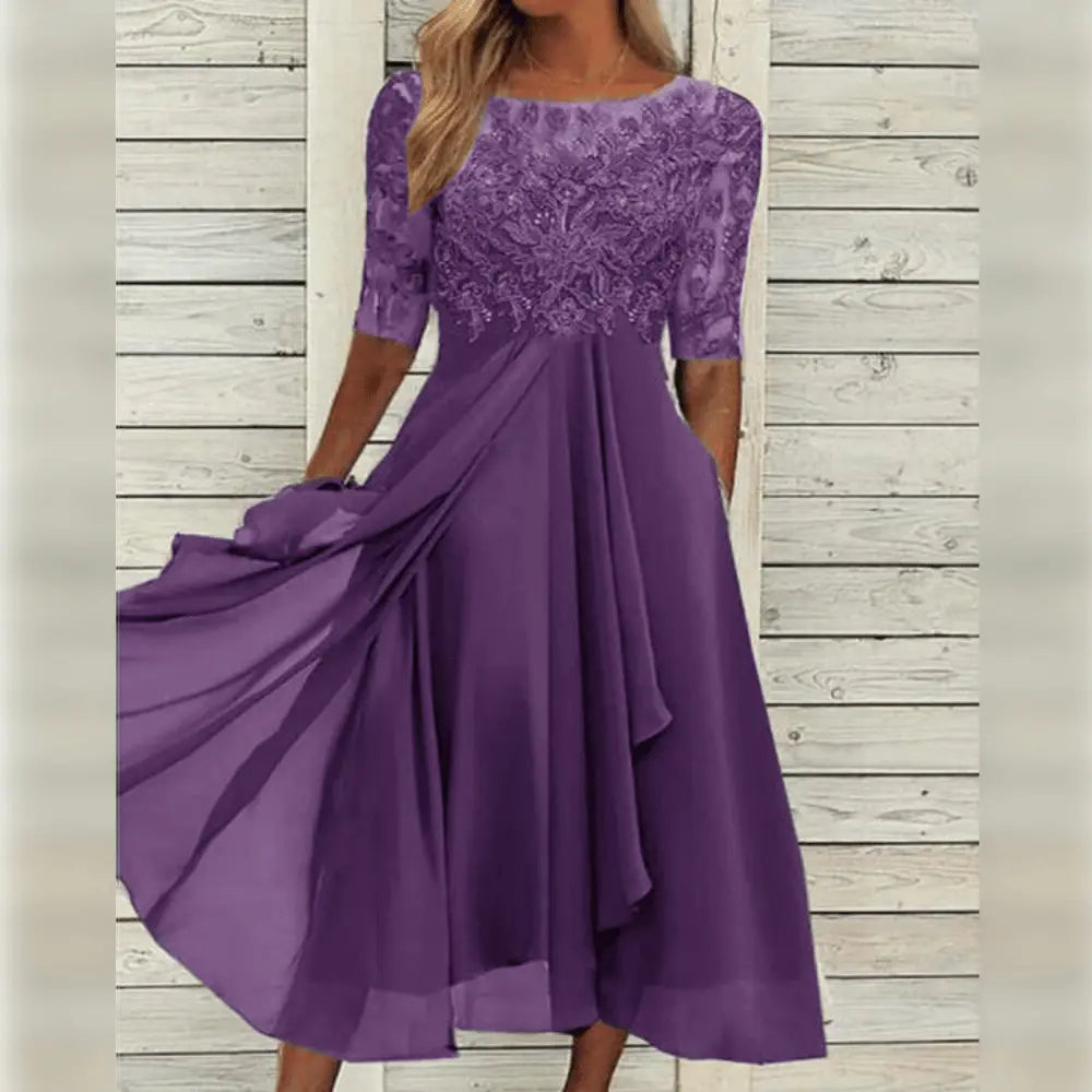 MunaWear - Dresses - Liora - Elegant Midi Dress With High Waist For Office And Special Occasions - Purple / 3XL