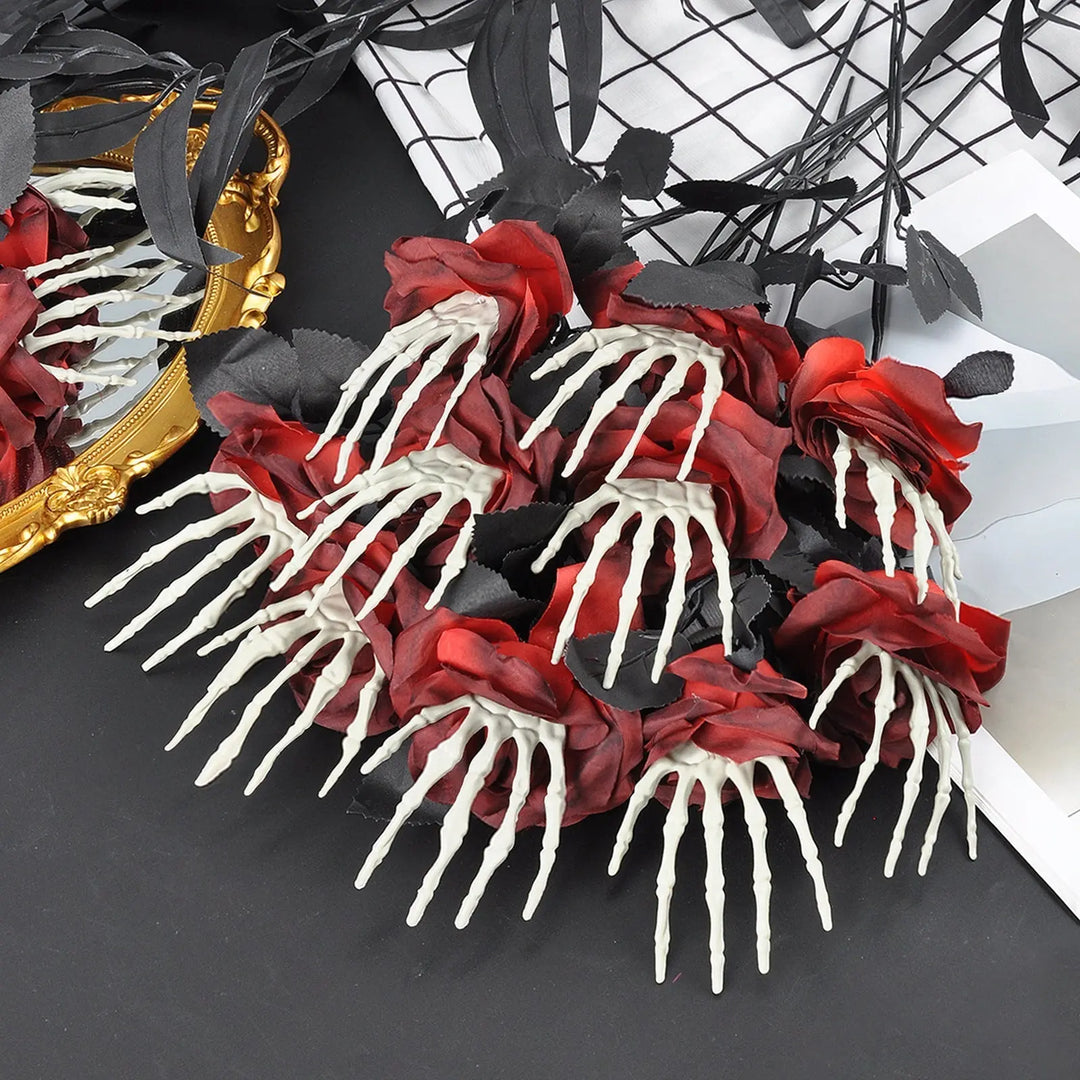 Creepy Halloween Skeleton Hand Decoration with Red Rose – Scary Outdoor Halloween Prop for Themed Parties and Displays 2