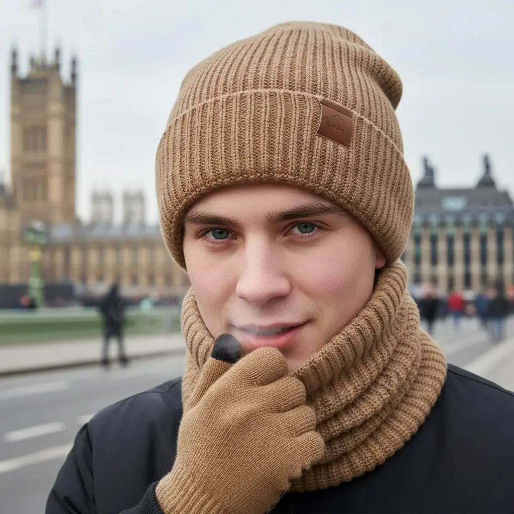 MunaWear - Hats, Scarves & Gloves Sets - Caden - Cozy Men's Winter Plush 3-Piece Set With Hat, Scarf, And Gloves For Casual Outings And Outdoor Activities - 