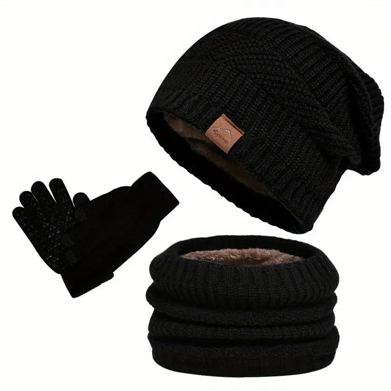 Caden - Cozy Men's Winter Plush 3-Piece Set With Hat, Scarf, And Gloves For Casual Outings And Outdoor Activities 3